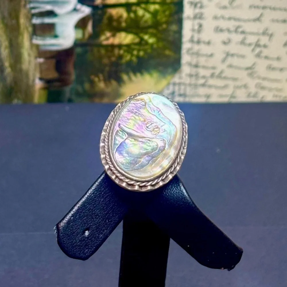 70s Vtg Native Statement Abalone, Mother of Pearl Ring w/Sterling Rope Frame - Picture 4 of 8